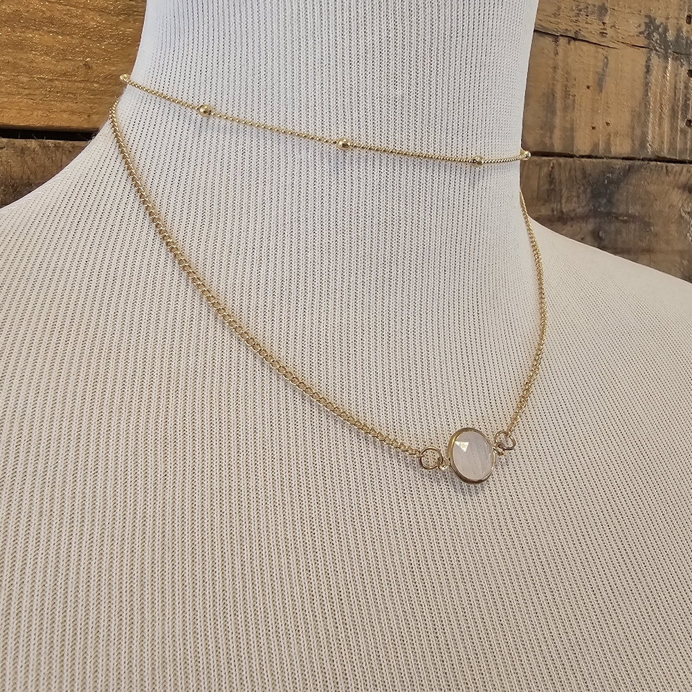 Double Strand Goldtone Necklace with Pale Pink Faceted Stone - Picture 2 of 5
